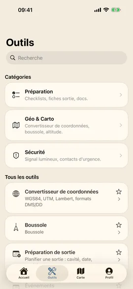 Boîte à outils d'Echo Cave : convertisseur de coordonnées, boussole et préparation de sortie.